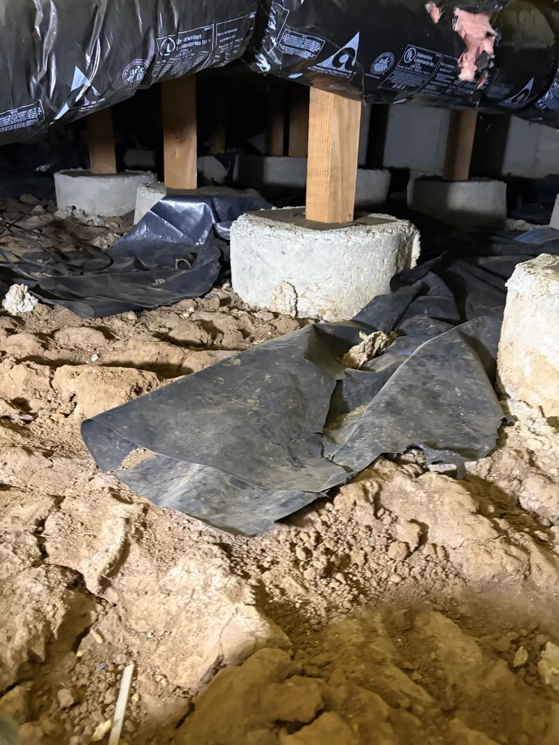 Torn black plastic pulled back from bare soil around concrete piers